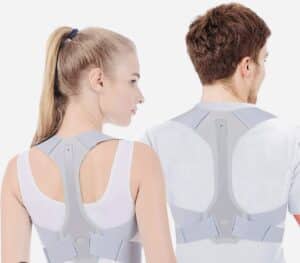 A side-by-side visual comparison of a person with a person wearing a posture brace.