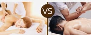 A comparison image showing a spa environment with calming décor and a massage therapy setting with clinical features.