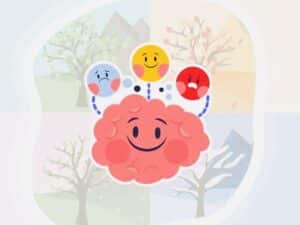 Emojis representing different emotions (e.g., 😊 for happiness, 😔 for sadness, 😡 for anger, 😴 for sleepiness) arranged in a circle, each associated with a season. illustrating mood changes with seasonal shifts.