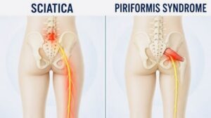 Illustration showing the piriformis muscle and sciatic nerve compared with lower back nerve pain